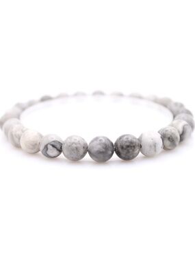 Natural Map Stone Bead Stretch Bracelet in Gray and White